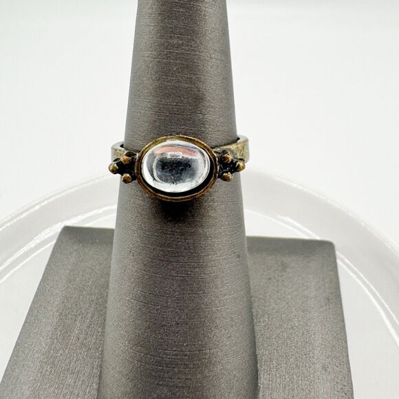 Vintage Modernist Ring Clear Stone Rustic Brutalist Southwestern Retro Patina - Picture 6 of 8